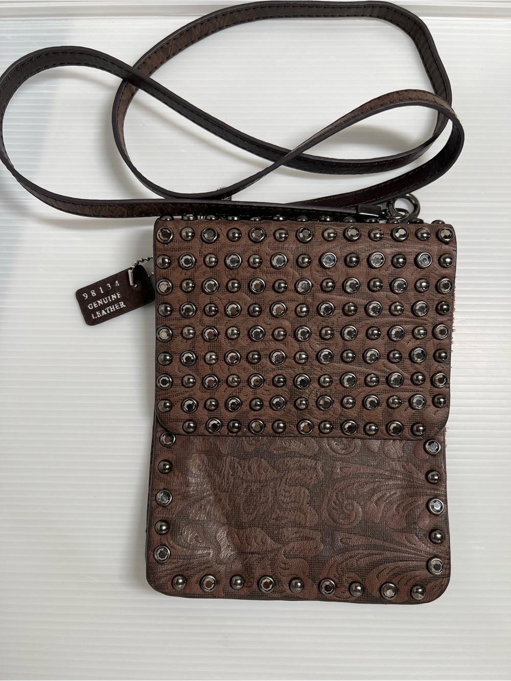 Studded Genuine Leather Crossbody Bag in Brown